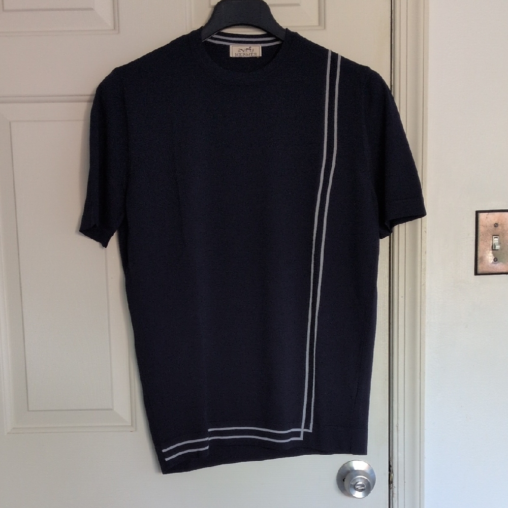 Hermes Navy Blue Short Sleeve Sweater with White Stripes